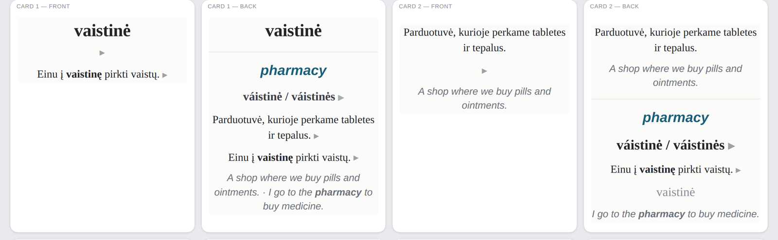 The four card states for the word vaistinė: front and back of the word card, front and back of the definition card.