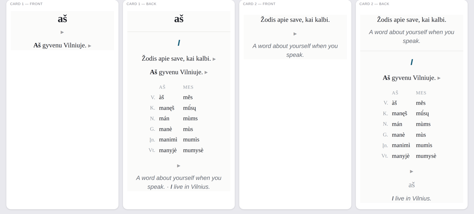 The four card states for the pronoun aš, showing the voiced two-column case table.
